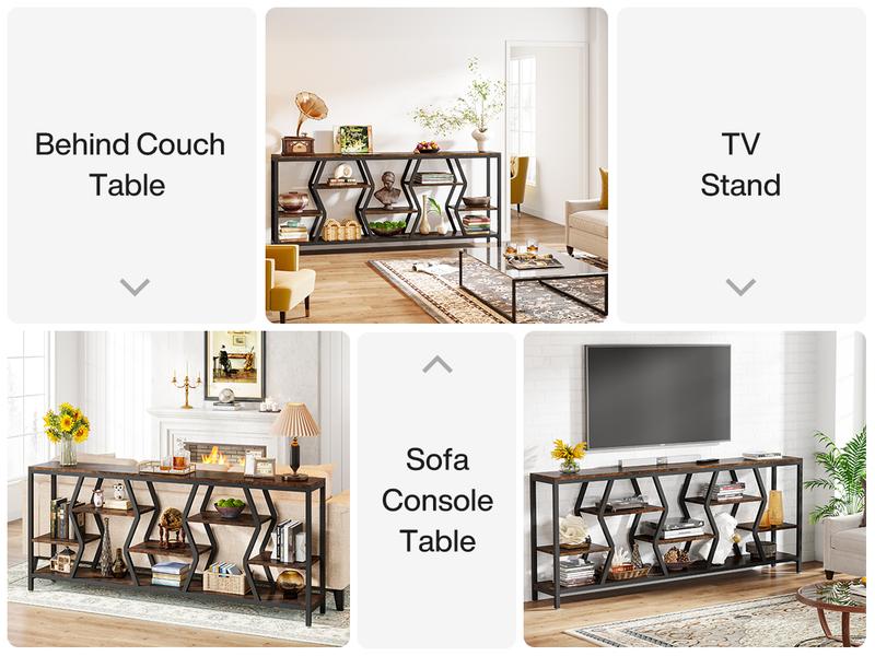 LITTLE TREE 70.9 Inches Sofa Console Table with 4 Tier Wood Storage Shelves, Industrial Extra Long Narrow Entryway Accent Tables for Hallway, Living Room, Foyer