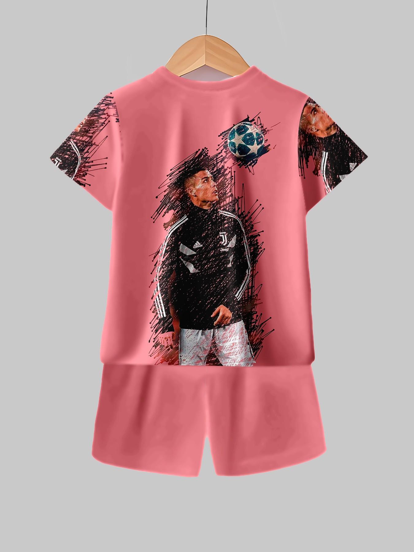 Boys' Base Juventus C Ronaldo Graffiti Print T-Shirt and Track Shorts, Casual Summer, Party, Vacation, School Wear