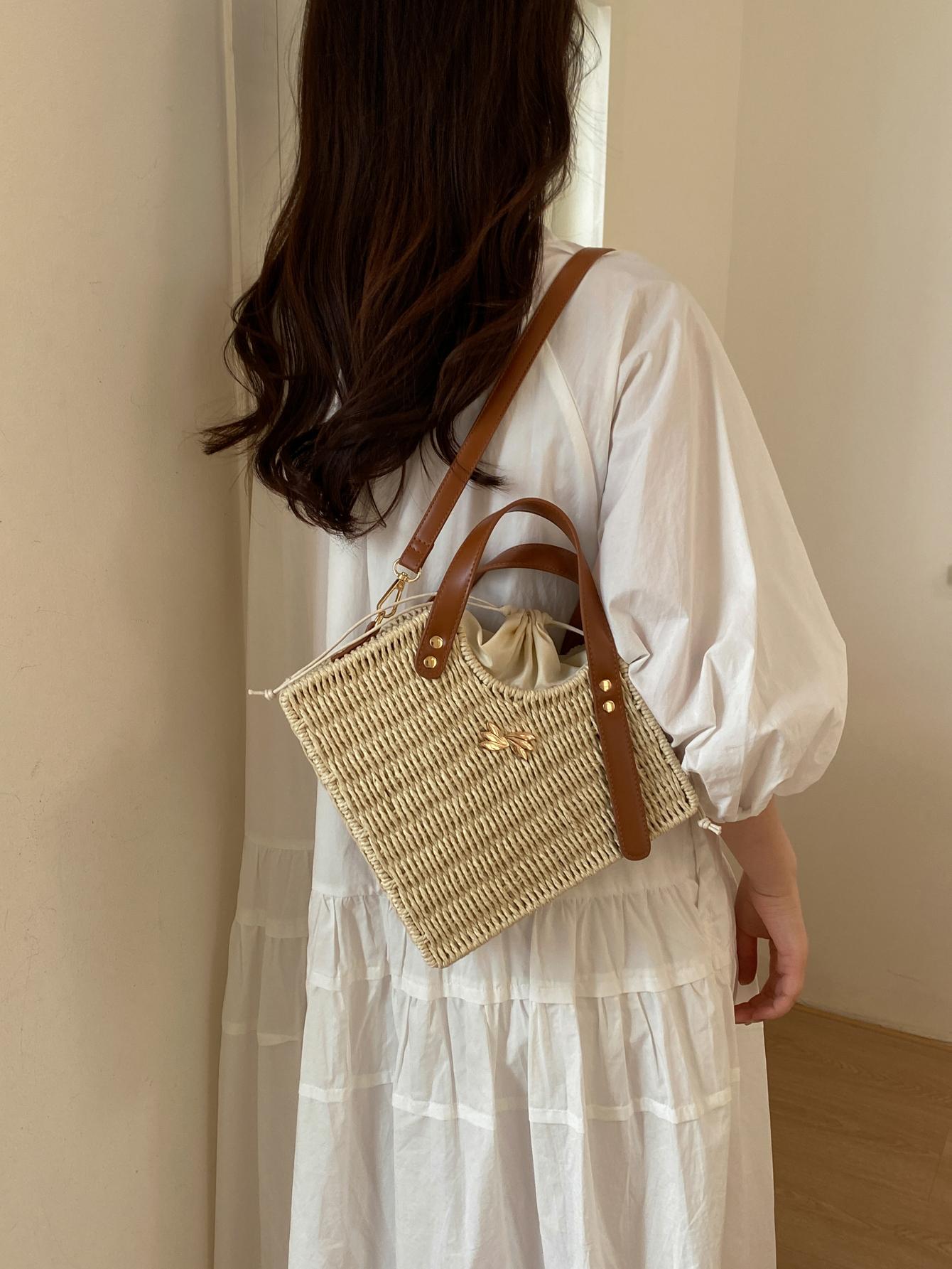 Woven Drawstring Bucket Bag, Vintage Style Handbag, Crossbody Shoulder Bag, Spring Summer Commute Vacation Essential, Women's Fashion Accessory