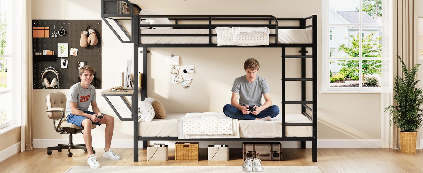 【SPRING GLOW UP】ONBRILL Bunk Bed Twin Over Twin, Metal Bunk Beds with Power Outlets & Desk, Heavy-Duty Bunkbeds Frame with Safety Guardrail & Ladders, Upper Bed with Storage Rack, No Box Spring Needed, for Juniors