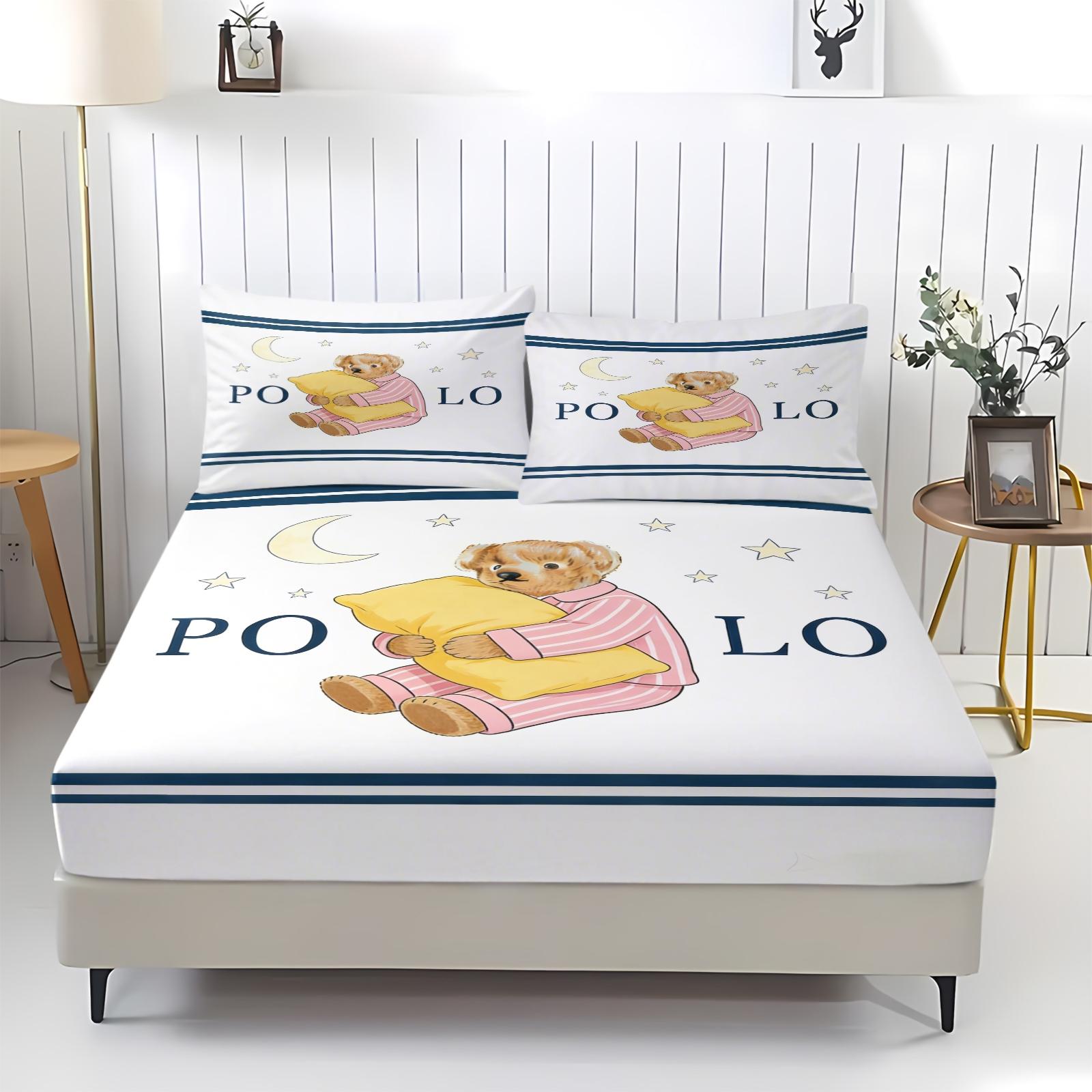 Teddy Bear Pattern Bed Sheet, Comfortable Printed Pattern, Includes 1 Bed Sheet and 2 Pillowcases, Comfortable Bedding, Non slip Dust Cover Suitable for Bedroom and Guest Room, Suitable as a Gift for Children or Adults, Bed Sheets Set
