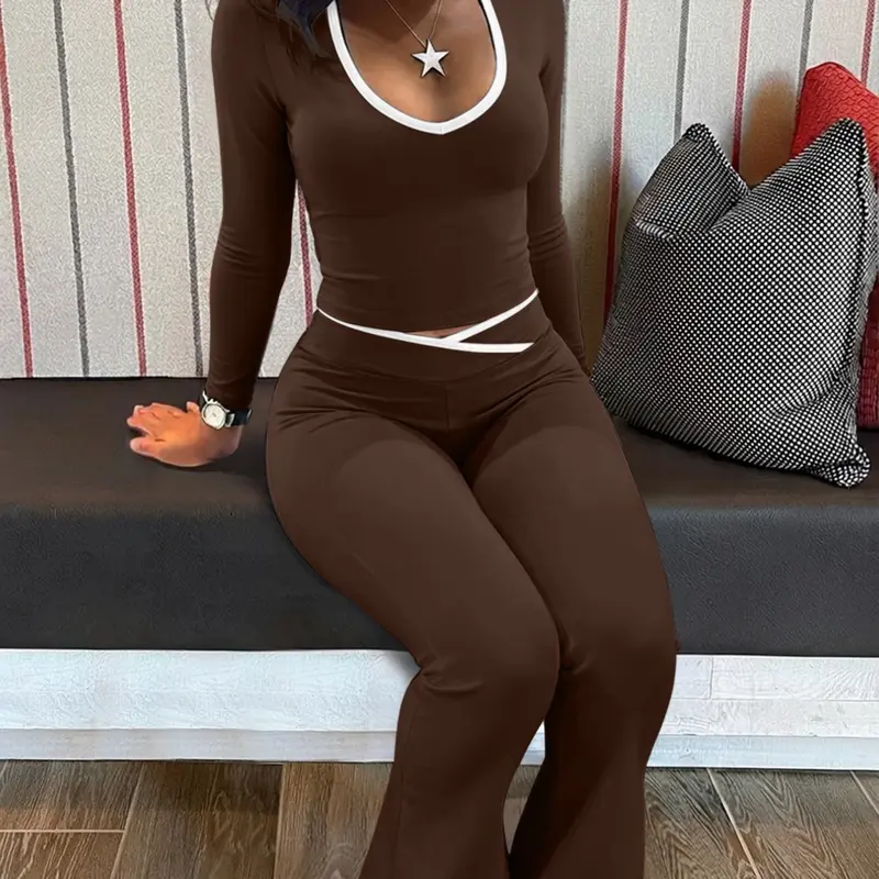 Lw Sherowear Long Sleeve Pants Set, U-Neck Colorblock Comfortable Home Wear, Elastic Fit Casual Sleepwear, Fall Winter 2-Piece Combo