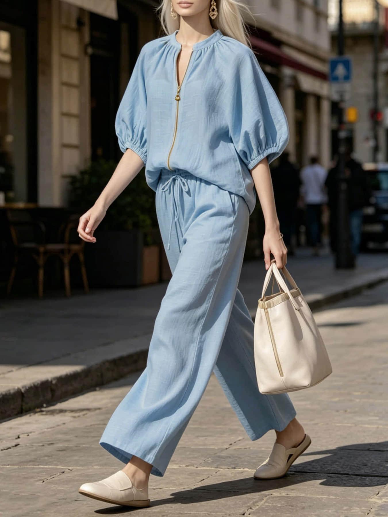 Two piece set of women's vacation casual basic fashion palazzo set Pants Sets Clothes solid color zipper round neck wide leg pants, suitable forallseasons, suitable for vacation, Outdoor, indoor and outdor wear.