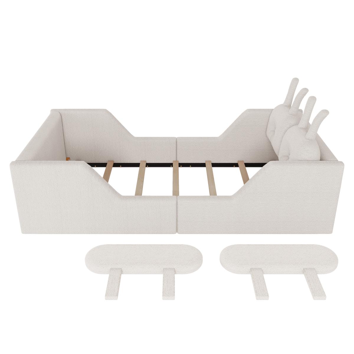 Twin Size Upholstered Floor Bed with 21-Inch Guardrails, Detachable Side Rails & Rabbit-Shaped Cushions, Teddy Fabric Foam Padding, No Box Spring Needed, Fits 8-Inch Mattress