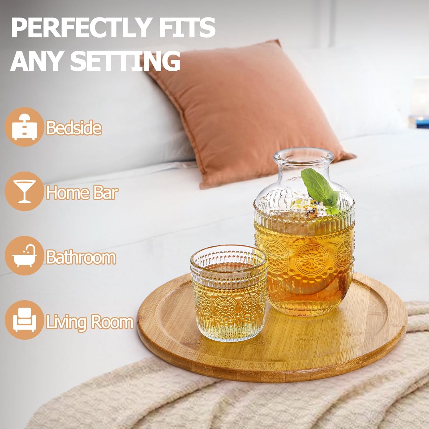 Whiskey Glass Set, 20 Oz Transparent Bedside Water Bottle with 5 Oz Cups, Vintage Elegant Glassware for Juice Kitchen Bedroom Bar Bathroom