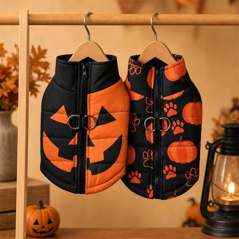 Autumn Winter Pet Halloween Cotton Vest, Pumpkin Paw Print Spider Web Waterproof Jacket, Zipper Comfortable Dog Coat, Dachshund Clothes