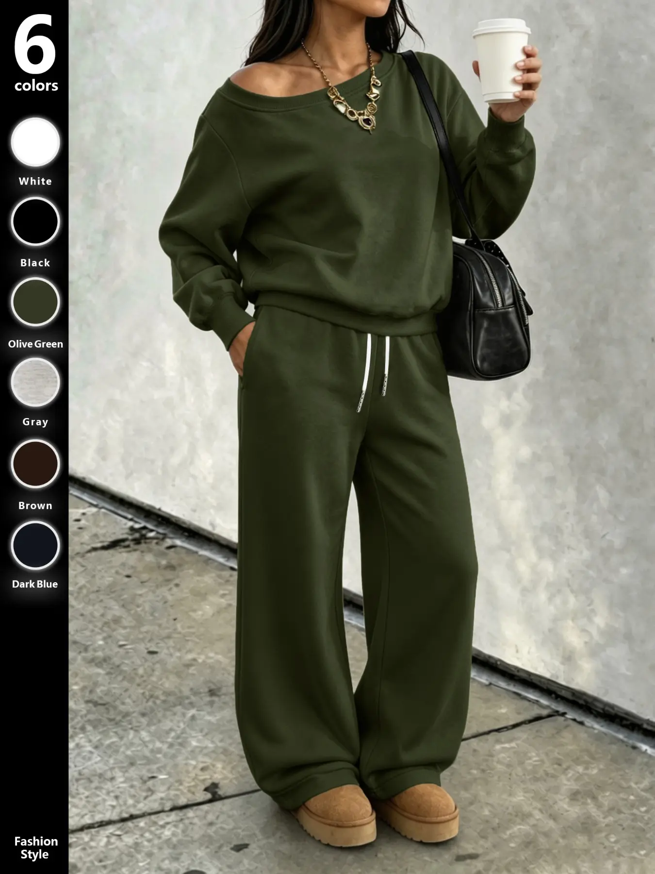Women's Two-Piece Set, Two Pieces Outfits, Fall, Asymmetrical Sweatshirt and Wide-Leg Pants, Soft Knit Fabric, Casual Daily Wear, Multiple Colors Available