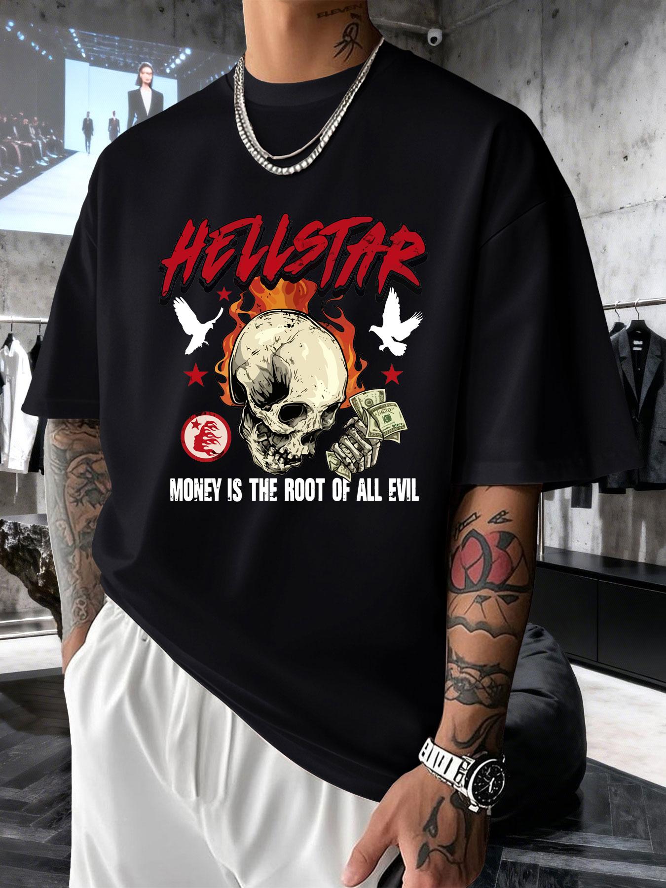 Men's Short Sleeve T-Shirt Summer Hellstar Flame Skull Dollar Print, American High Street Dark Fashion, Loose Fit Drop Shoulder Top