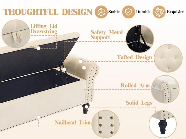 51" Bedroom Storage Bench, End of Bed Bench, Chenille Upholstered Benches, Ottoman with Storage, Window Benches with Rolled Arm and Nailhead Trim for Living Room, Entryway,