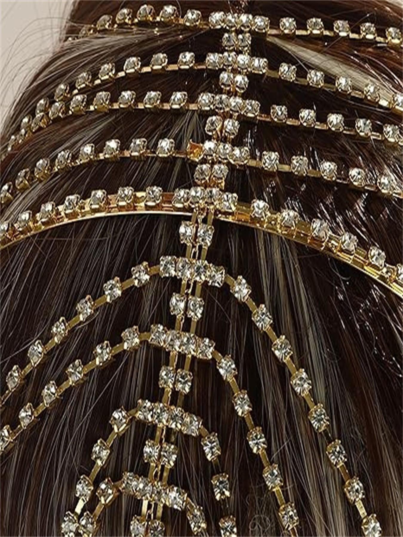 Elegant Silver Color Tennis Chain Headband with Rhinestones and Long Tassels, Crystal Hair Band for Wedding Bride Party Ball Gown