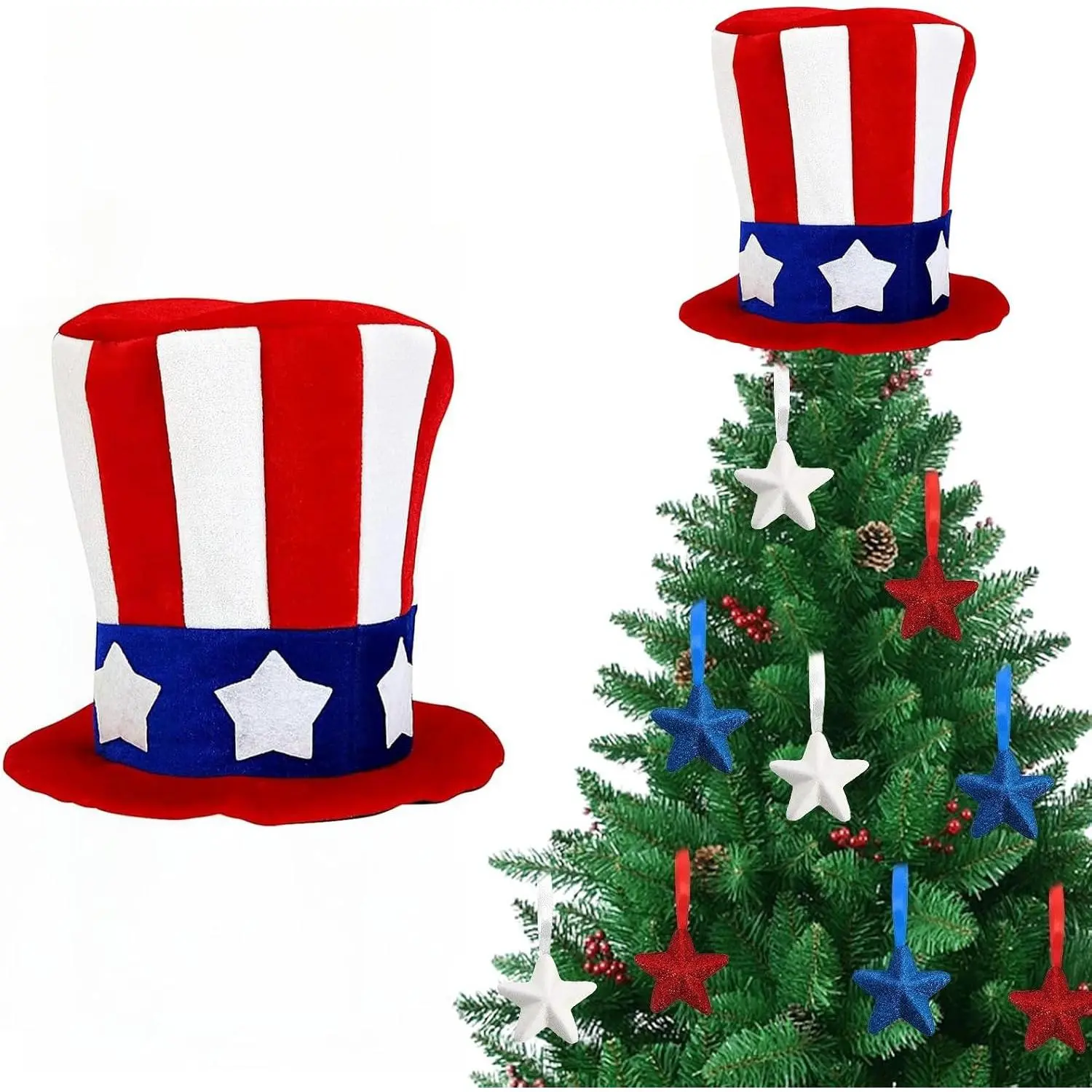 Modern Patriotic Uncle Sam Stripes-Stars Christmas Tree Topper, 8.7x7.1" Lightweight Synthetic Red White Blue Festive Decor, 4th of July Independence Day Memorial Day Party Supplies (Red)