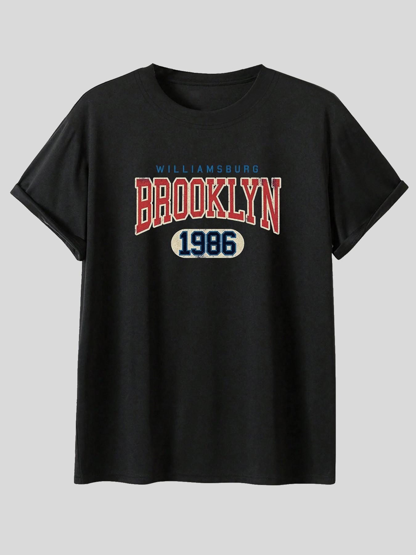 American Vintage Brooklyn Letter Print Short Sleeve T-Shirt, Summer Loose Fit Casual Top, Geometric Pattern, All Seasons