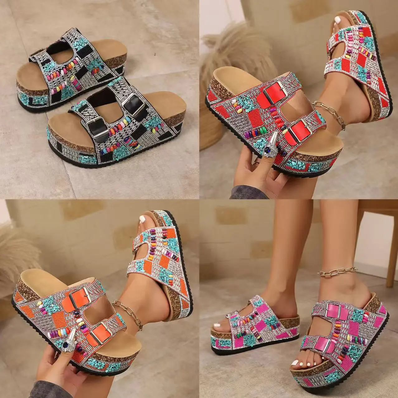 Women's Bohemian Rhinestone Open Toe Platform Slide Sandals - Adjustable Double Straps, Cloth Upper Wedge Slip-Ons for Summer Vacation, Casual Outings, Adjustable Straps