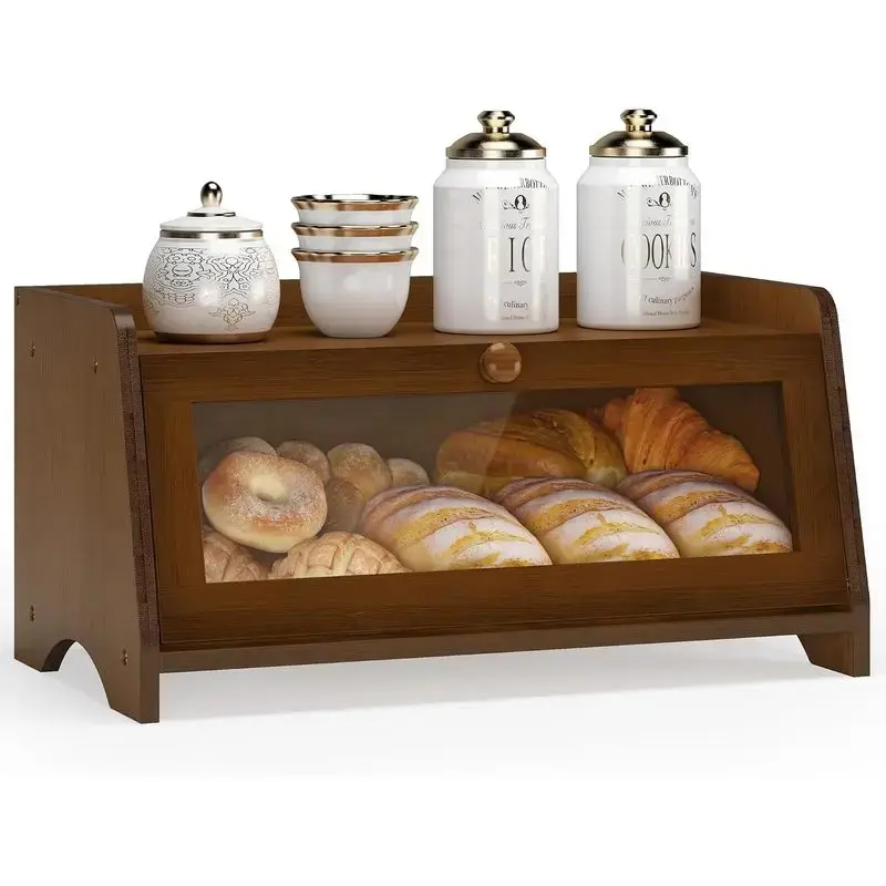 Vintage Bamboo Bread Box Kitchen Storage Organizer for Kitchen Countertop, 12L Large Bread Container with Visible Window, Magnetic Latch, Top Shelf, Brown