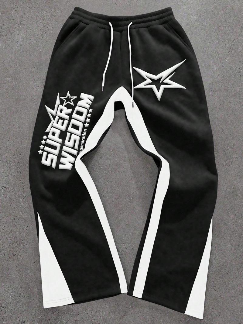 Retro Oversized Star Pattern Flared Sports Pants, Heavyweight Contrast Color Wide-Leg Joggers for Festivals & Street Fashion, Comfortable Loose-Fit Athletic Trousers Retro Oversized Star Pattern Flared Sports Pants, Heavyweight Contrast Color Wide-Leg Joggers for Festivals & Street Fashion, Comfortable Loose-Fit Athletic Trousers