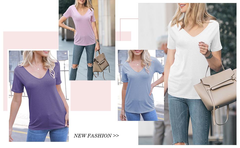 Goranbon Women Fashion Deep V-Neck Short Sleeve Tops Solid Casual Loose Basic T Shirt