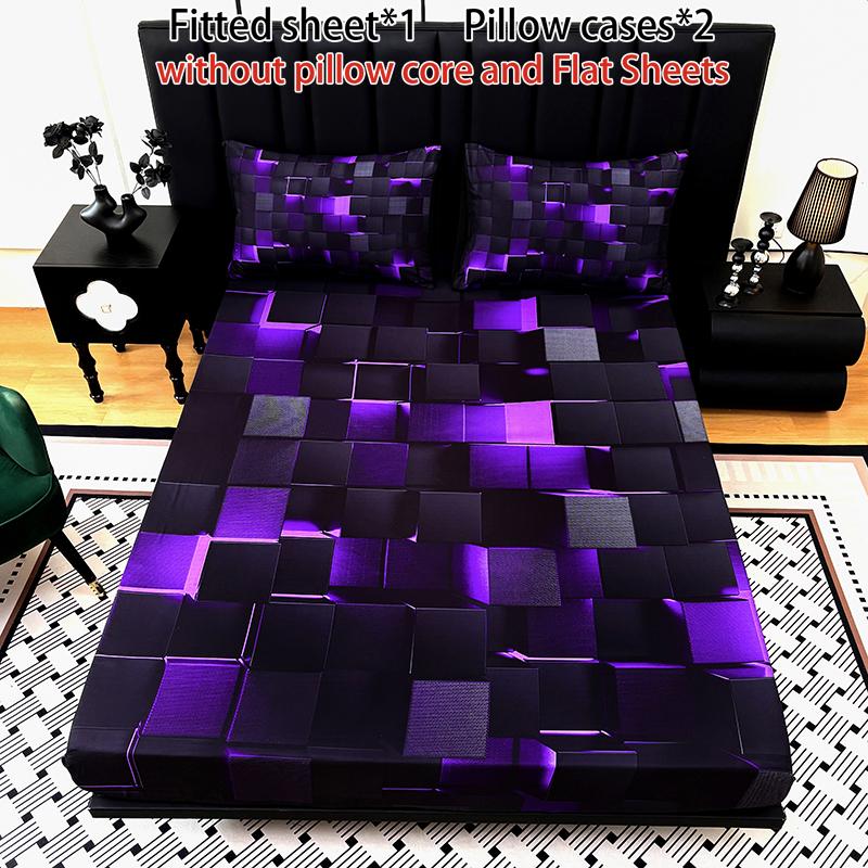 3-piece multi-pattern fitted sheet set (1 fitted sheet  + 2 pillowcases without filler), deep pocket 15 inches machine washable, low allergenic, high quality mattress protector for bedrooms, dorm rooms, HD printed all-season room decoration Bedding Suppli