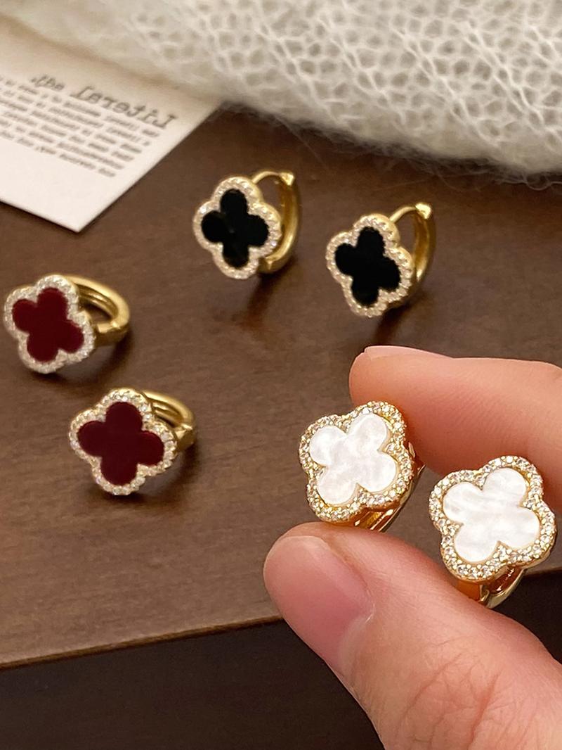 Elegant French Vintage Copper Earrings Set, Zirconia Embellished Clover Design, Fashionable Women's Jewelry, Versatile Flower Pattern, Hoop Earrings