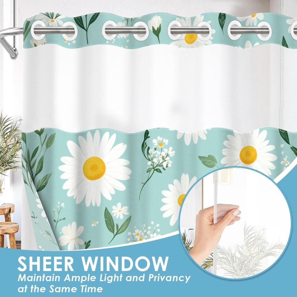 1pc hookless shower curtain with buckle lining, spring white and green daisy floral design, 2D flat printing, fabric waterproof lining, see-through double shower curtain, 71 x 74 inches, modern home draping curtain.