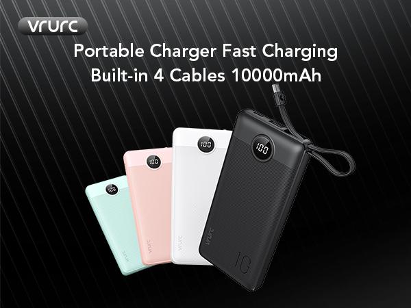 VRURC 10000mAh Portable Power Bank with 4 Built-in Cables Fast Charging 22.5W for All Phones Micro USB Type-C Compatible with iPhone Samsung Android Tablet iPad Earbuds Pink Lanyard Chargeable Charger Smartphone