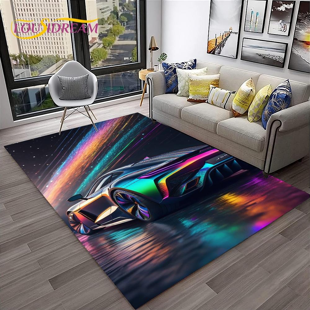 Blue Sports Car Flannel Area Rug - Cool Graffiti Style Supercar Print Soft Mat for Living Room & Garage, Non-Slip Car Enthusiast Home Decor#SportsCarRug #GraffitiSupercarMat #CarEnthusiastDecor #GarageCarpet #NonSlipFlannelRug