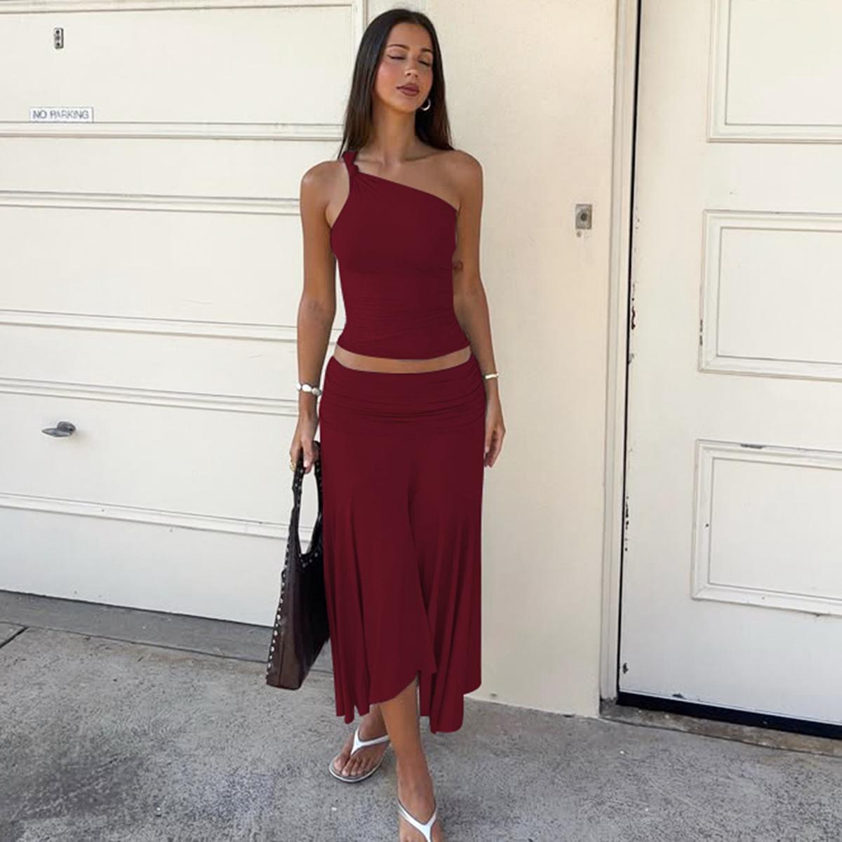 Two-piece Set, Beach Outfits Set, Women's Solid Color One Shoulder Knotted Sleeveless Tank Top & Bodycon Ruched Irregular Hem Skirt, Casual Outfits for Daily Outdoor Wear, Ladies Clothes for Summer