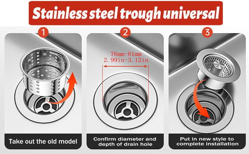 3-in-1 Kitchen Sink Drain Strainer, Stainless Steel Sink Plug, Deodorizing Anti-Clog Basket Strainer for US Standard 3-1/2 Inch Drains