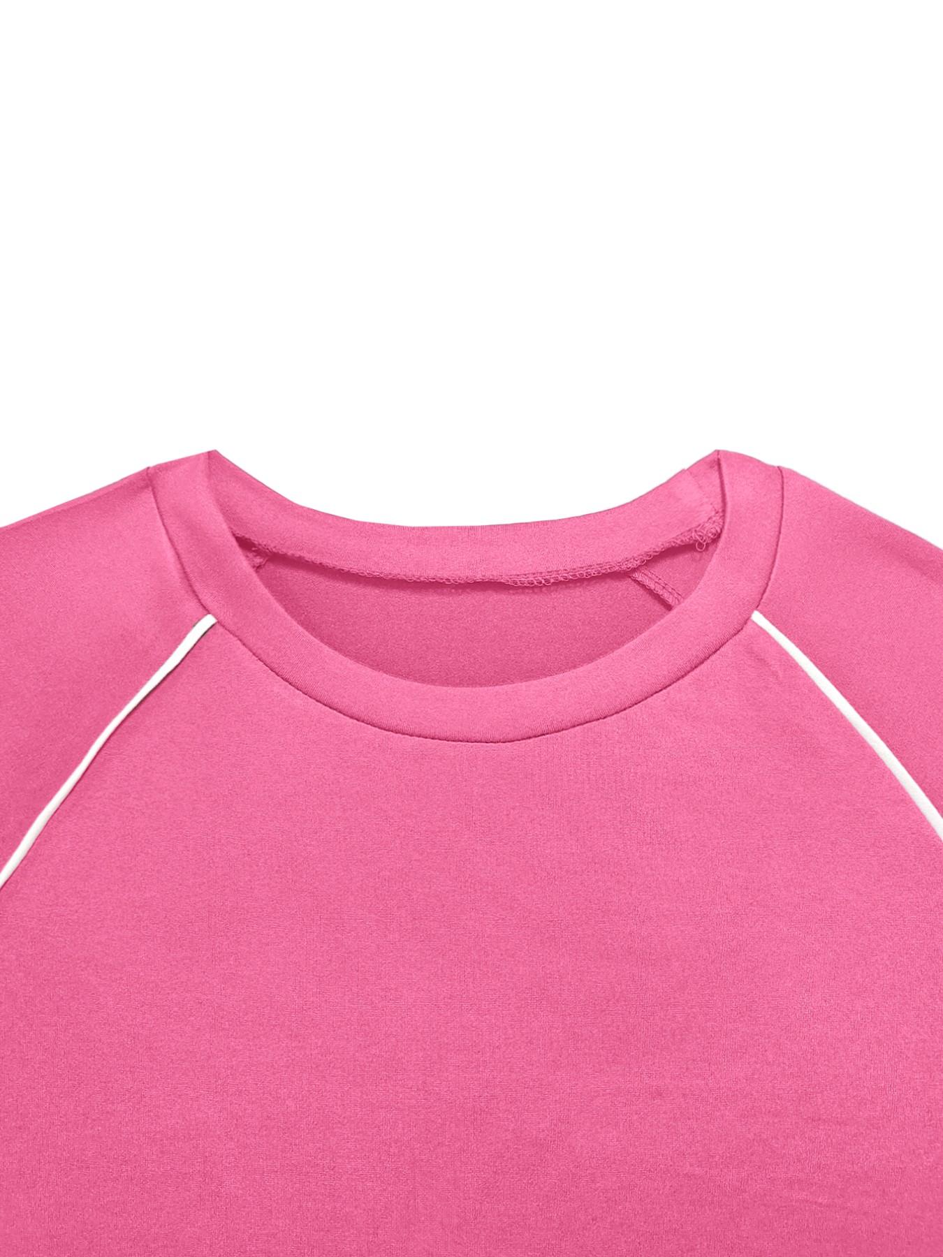 Summer Fashion New Round Neck Solid Color Striped Patchwork Short Sleeve Fitted Top with Long Pants Set, Women's Two-Piece