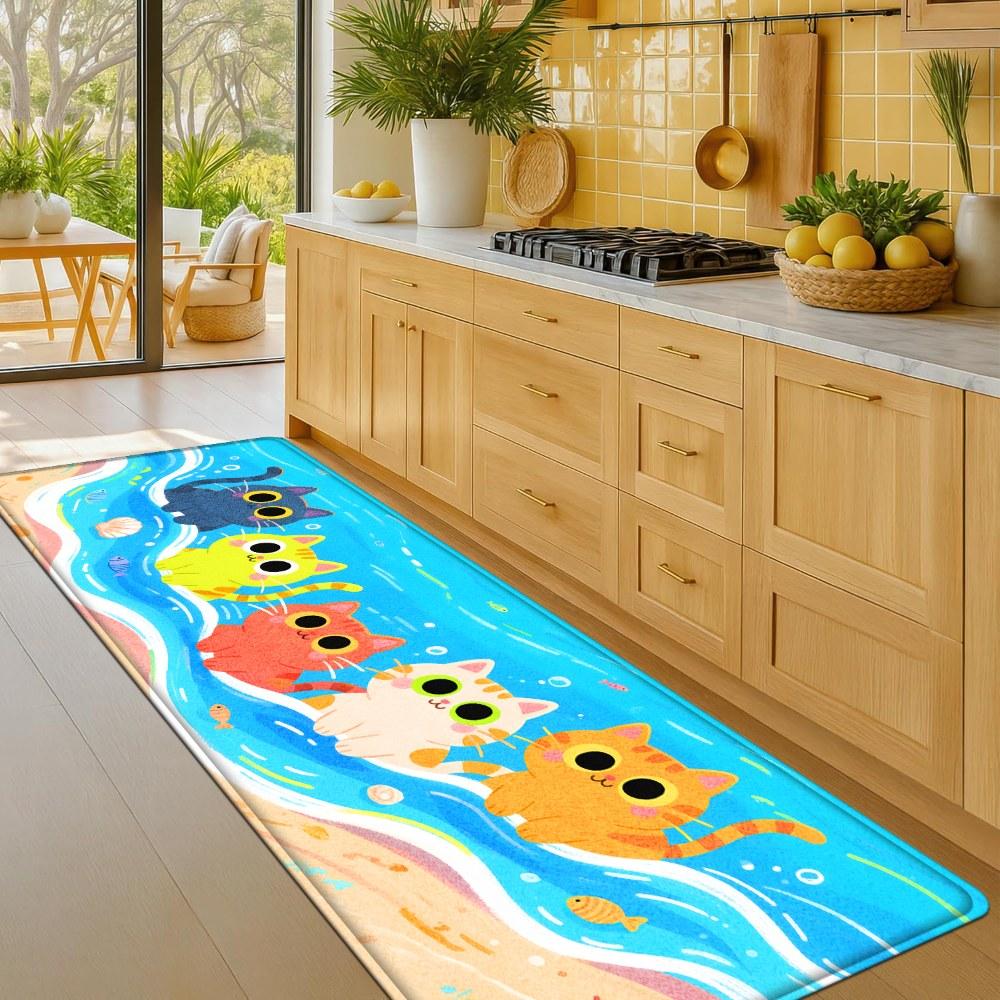 1PC， Colorful Cats on the Beach Patterned strip rugs, home décor, bathroom mats, entryway mats, bathroom non-slip mats, indoor entrance rugs, bedroom bedside mats, kitchen mats, hallway rugs, flannel sponge rugs, hallway runner rugs