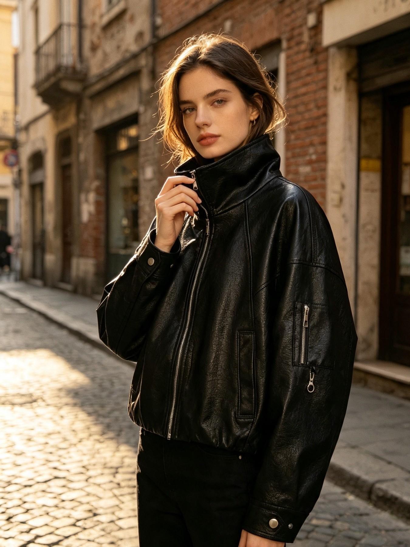 Vintage Stand Collar Zipper Short Motorcycle Jacket for Women, Street Style Loose Fit Outerwear, Casual Long Sleeve Top with Full Placket