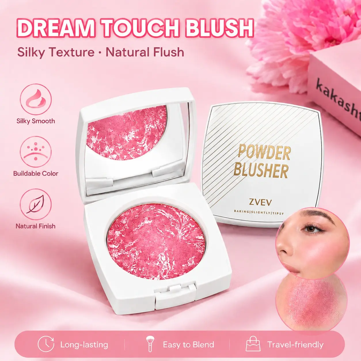 Natural Flush Glow Marble Powder Blush, Buildable Color Face Blush, Suitable For Light & Deep Skin Tones