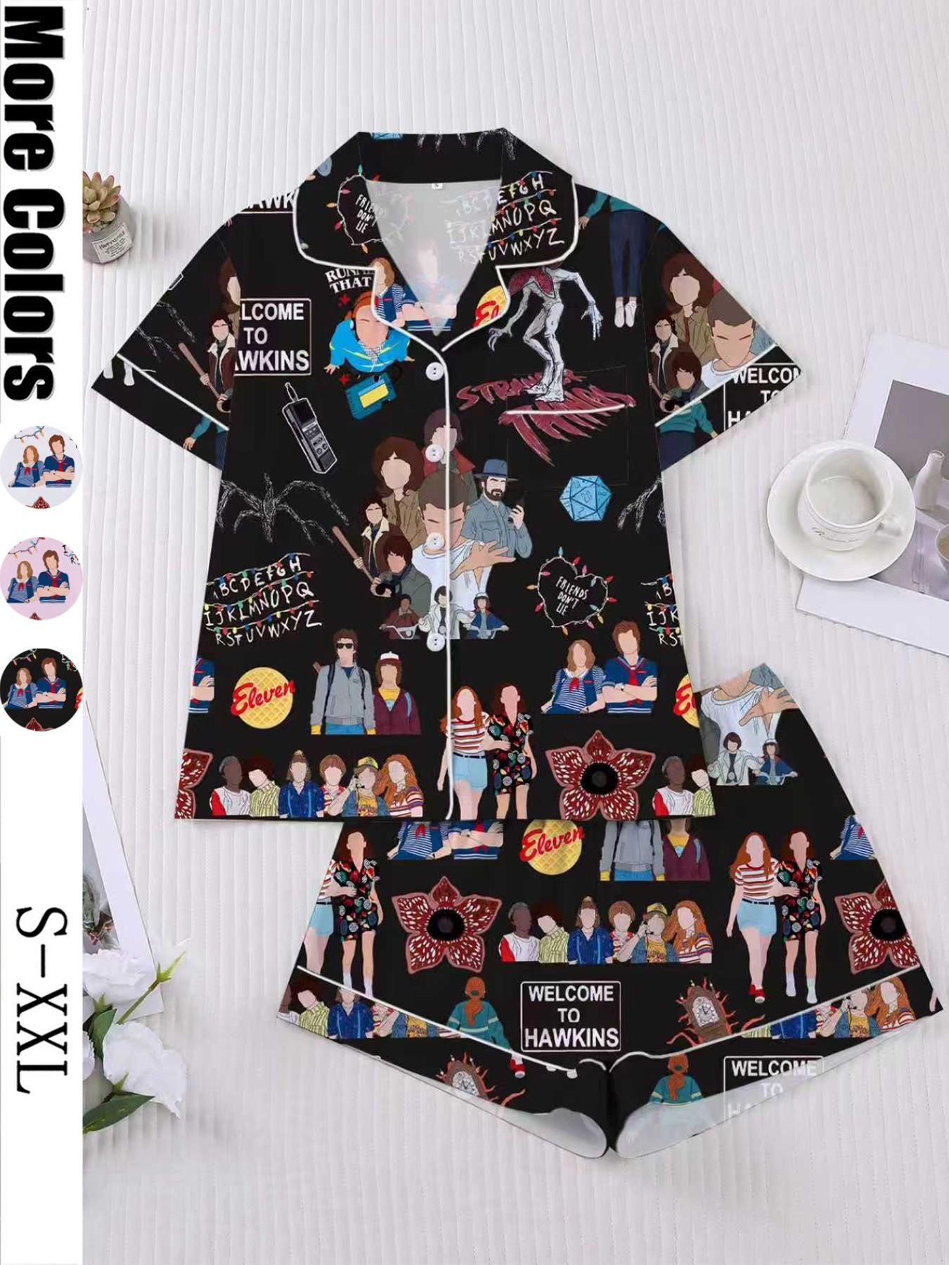 Women's Sleepwear Set, Short Sleeve Button-Down Soft Top & Elastic Shorts, Casual Comfortable Home Wear for Daily Use