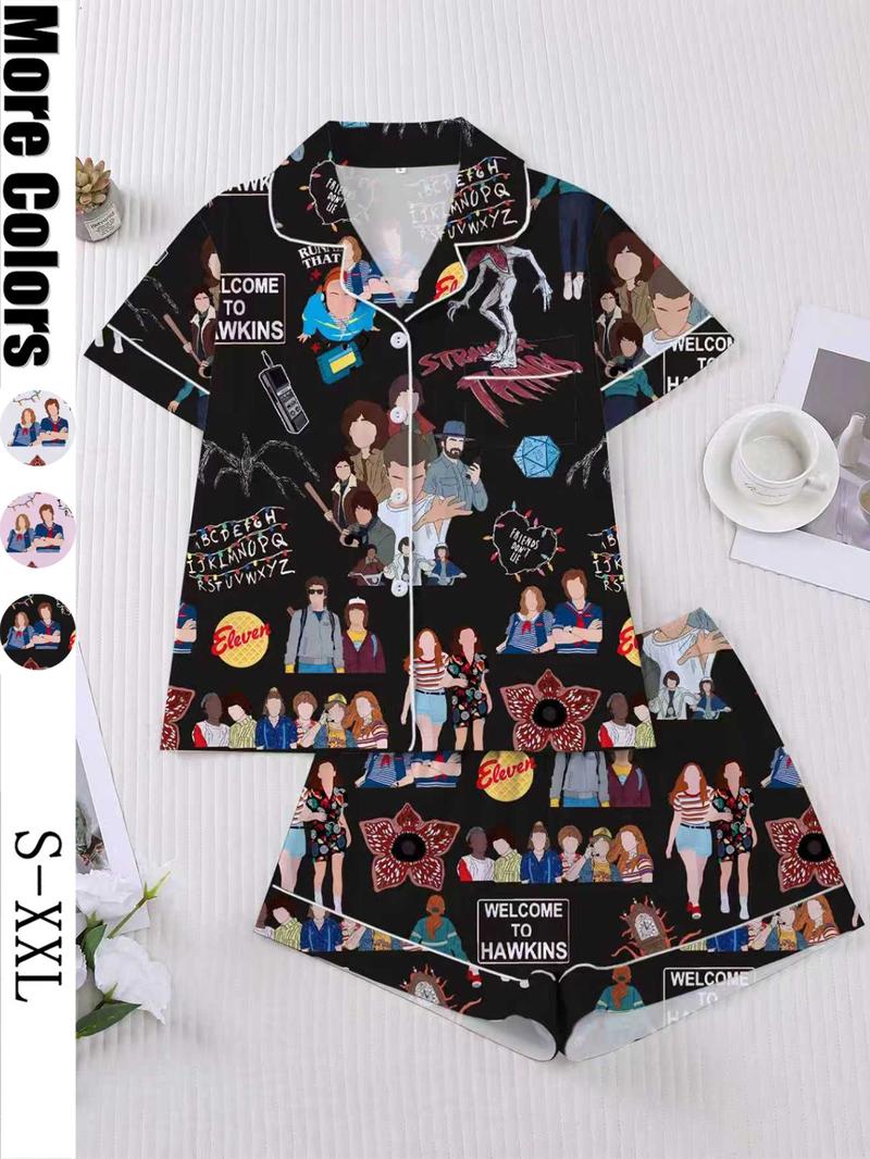 Women's Sleepwear Set, Short Sleeve Button-Down Soft Top & Elastic Shorts, Casual Comfortable Home Wear for Daily Use