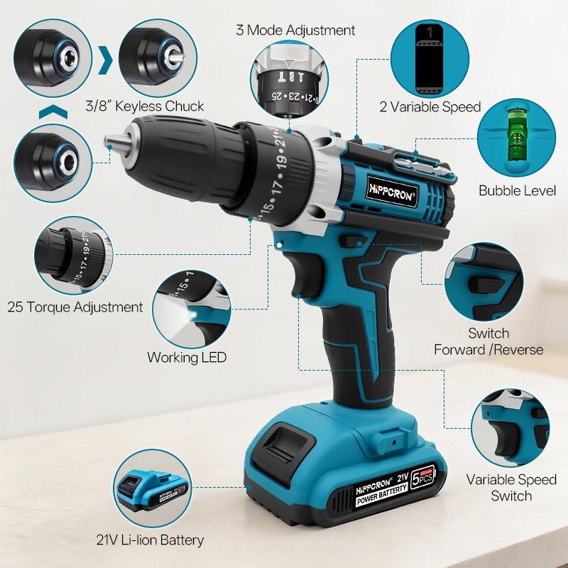 HIPPCRON 21V Cordless Impact Drill Driver Kit, 50N·m 25 GEARS+3 FUNCIONS Torque Settings with 3/8" Keyless Chuck, 800mAh Fast-Charge Battery & LED Light, Compact Professional-Grade Tool for Home Improvement & Auto Repair
