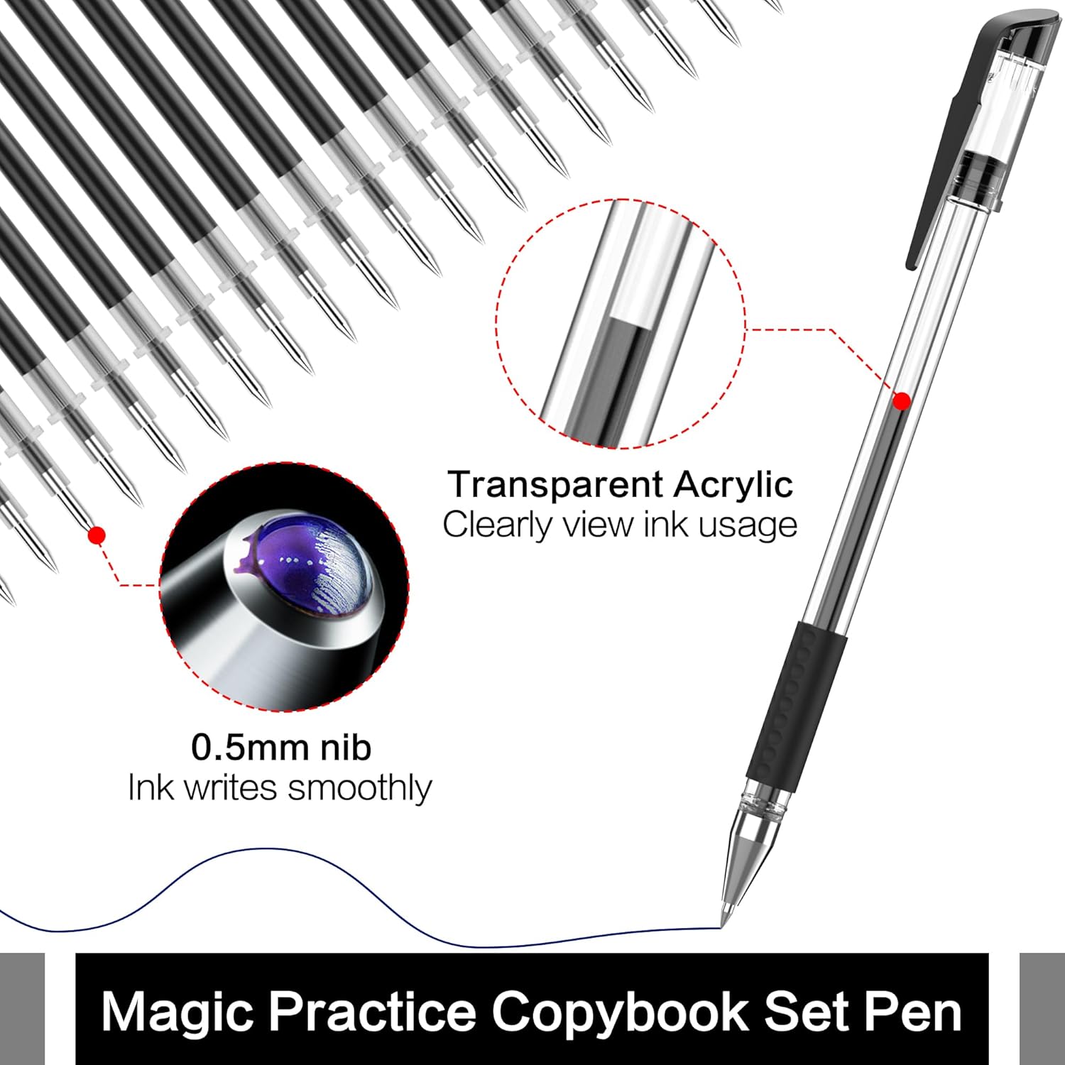 Magic grooved  book disappearing ink pen, 2 transparent pen , 25 replacement refills, 2  grips, Suitable for grooved writing books for  3-5, 's magic copybooks.