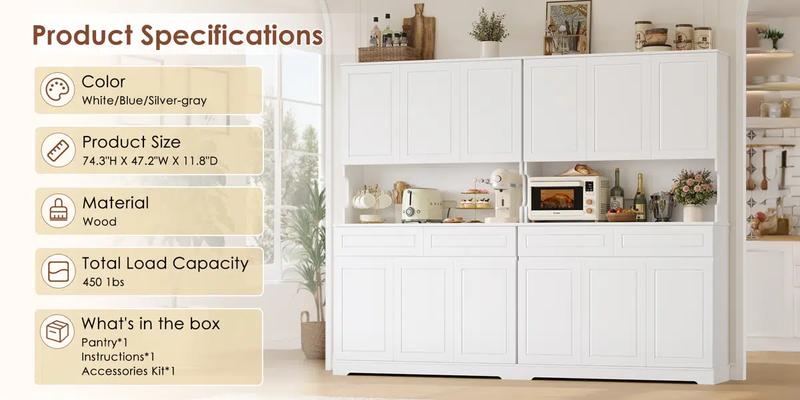 FOTOSOK 74'' Pantry Cabinet, Wood Kitchen Pantry with Microwave Shelf and Adjustable Shelves, Tall Kitchen Hutch with 6 Doors and 2 Drawers