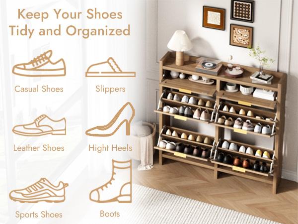 PieDle Furniture Oversized Rattan Shoe Storage Cabinet with 4 Flip Drawers & 2 Drawers – Hidden Slim Shoe Organizer for Entryway, Large Tabletop Space, Farmhouse Boho Narrow Shoe Rack