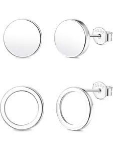 Round Stud Earrings for Men and Women, 10 mm Circle Earrings, 8 mm Flat Round Earrings, Pretty Small Simple Stud Earrings, Sterling Silver with Gift Box (2 Pairs with Box),