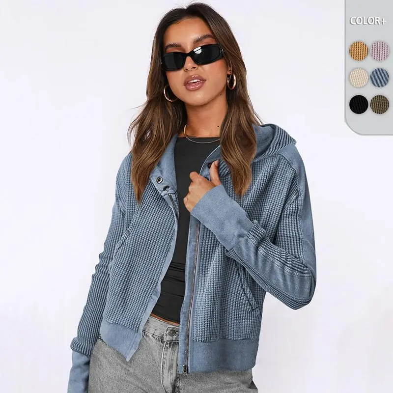 Jacket Splicing Sweater European and American Women's Hooded Sweater Lazy Zipper Hoodie Short Knitted Sweater
