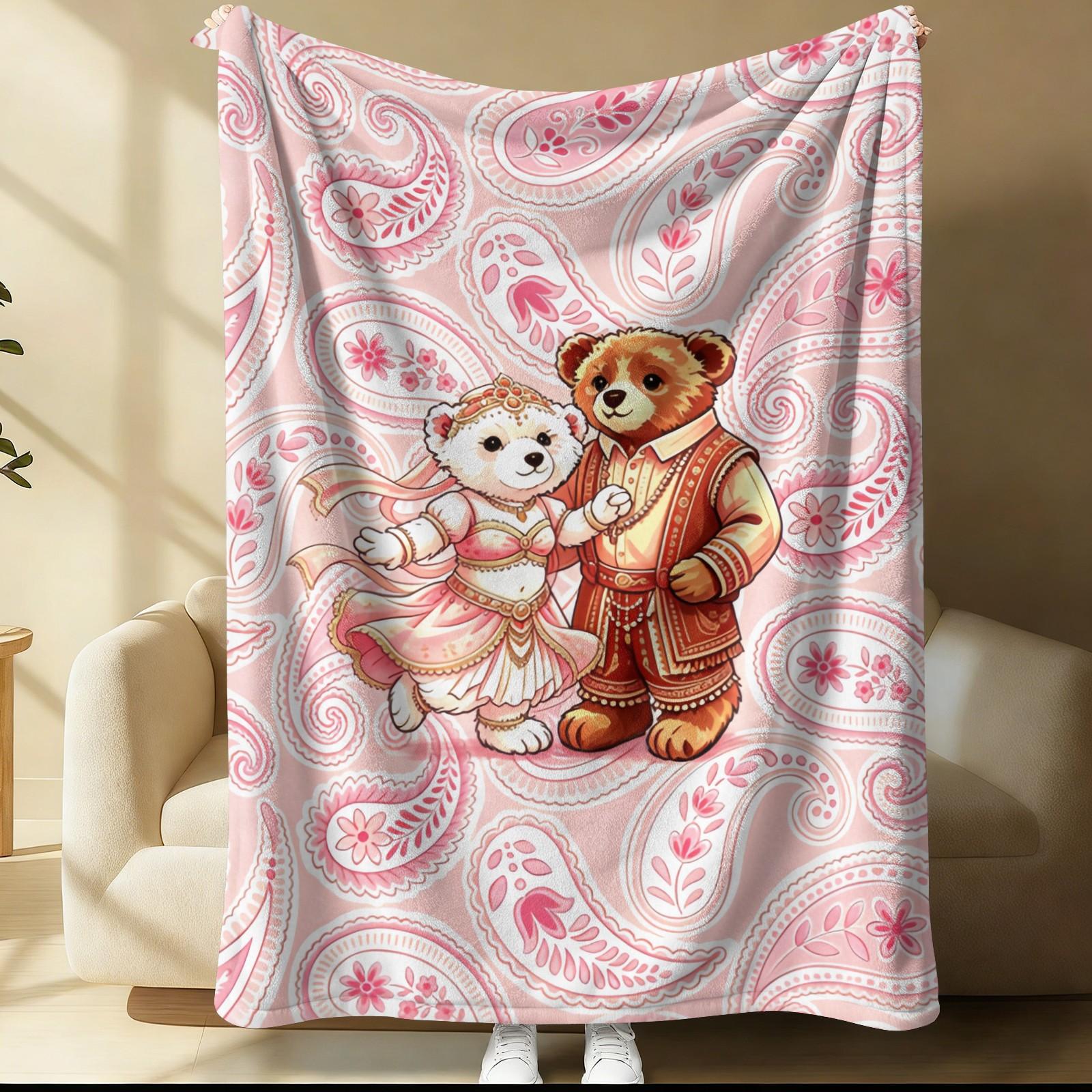 Ethnic Couple Bear Throw Blanket, Soft Skin-Friendly Plush Fleece, Lightweight Cozy, Pink Paisley Floral Print, for Couch Bed Office, All Seasons, Aesthetic Room Decor, Perfect Gift