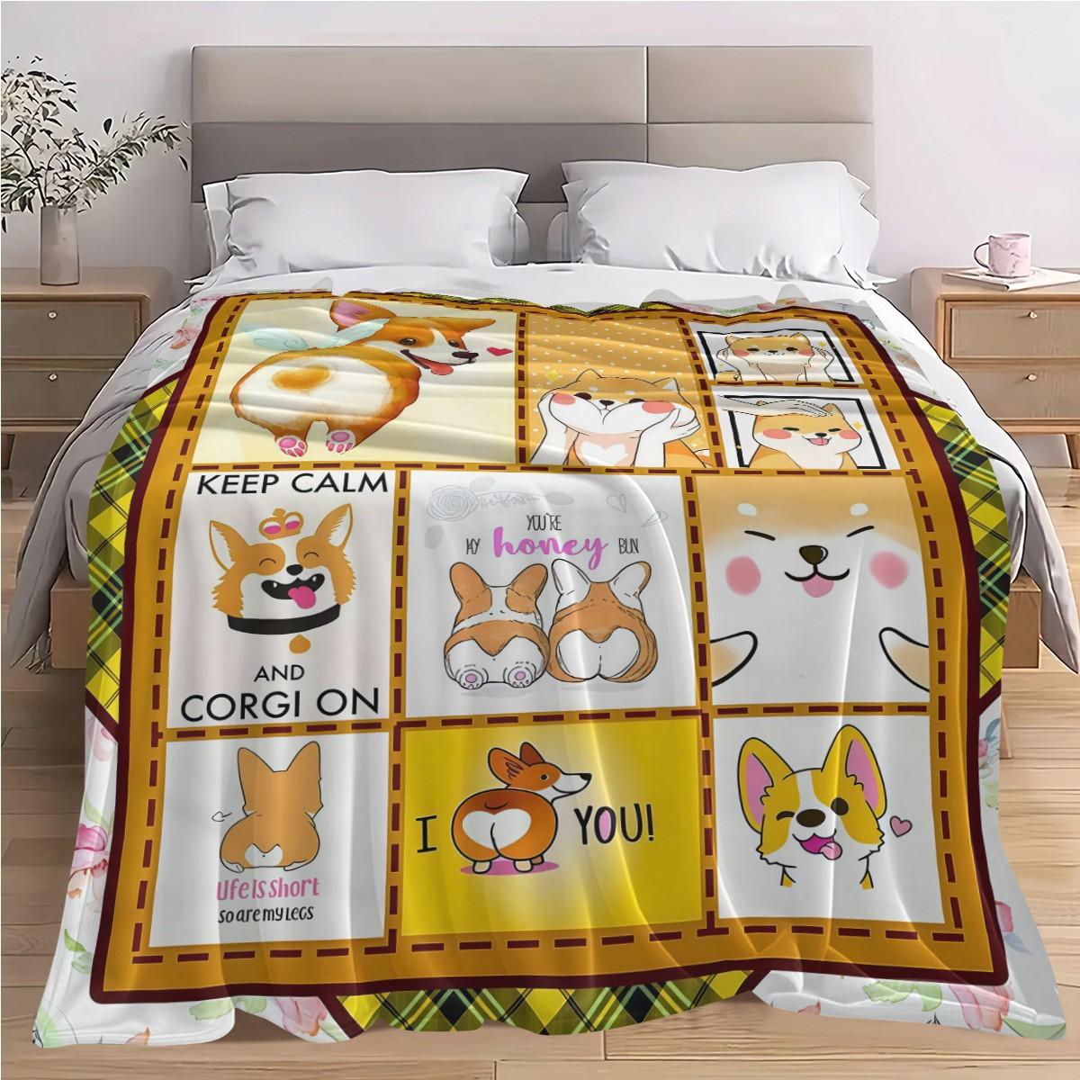 Cute Corgi Patchwork Flannel Blanket, Multifunctional Camping Travel Throw, Room Decoration Blanket, All Seasons Gift Blanket