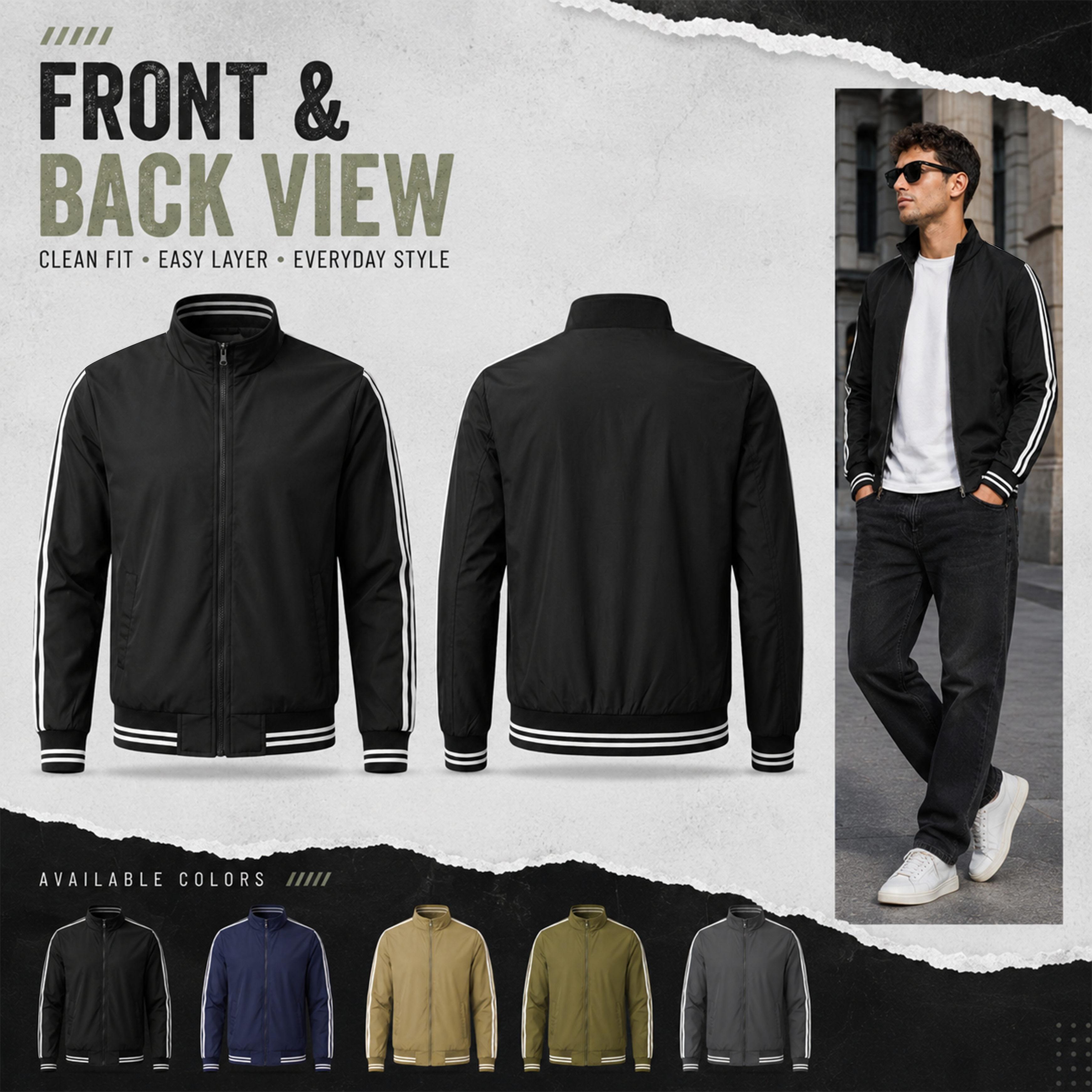 Men's Classic Ribbed Zippered Bomber Jacket - Lightweight Streetwear Coat with Lion Graphic, Sporty Stripe Sleeves and Full-Zip Front