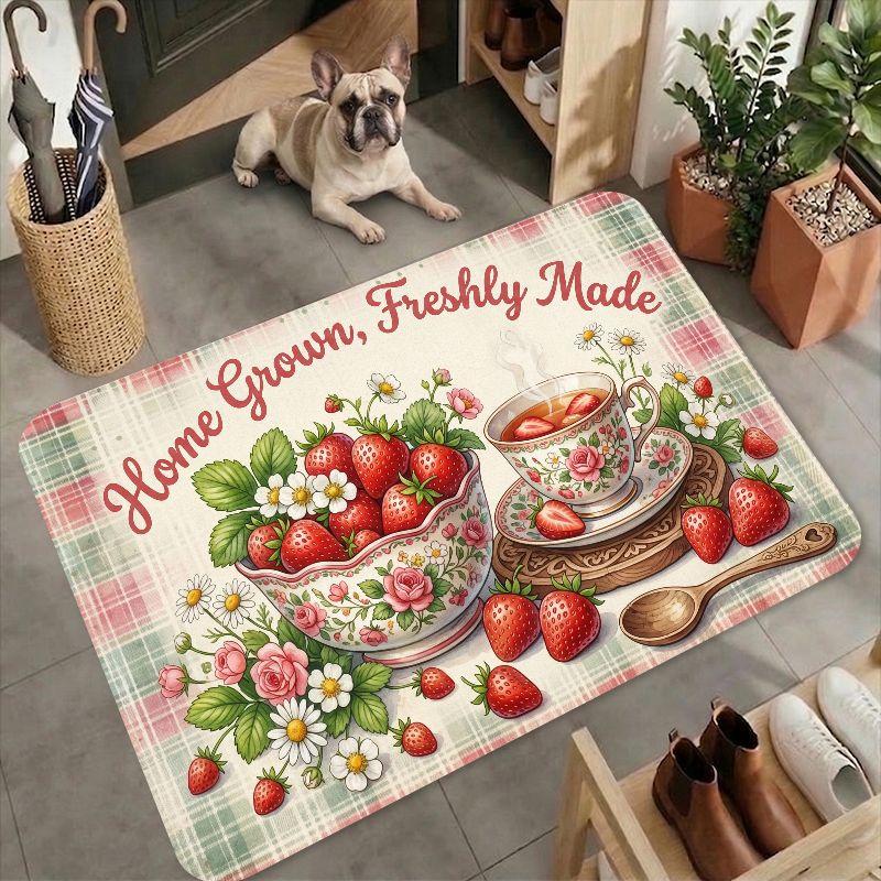 Vintage Pink Green Plaid Strawberry Tea Doormat Soft Cozy Thick Flannel Plush Non Slip Machine Washable Entryway Rug For Indoor Bedroom Kitchen Bathroom Living Room Office Outdoor Porch Balcony Hallway Treads Stair Non-Slip