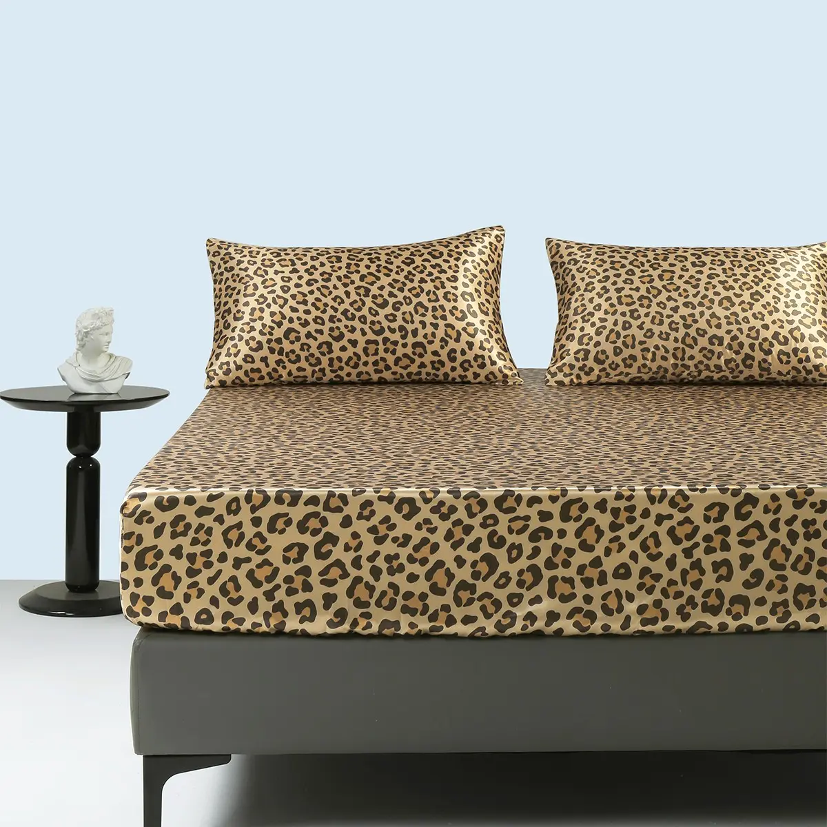 3-Piece Smooth Satin Leopard Print Digital Print Bed Skirt Set, 1 Bed Skirt + 2 Pillowcases, Polyester Fiber 85g, No Core, Leopard Bedding Set