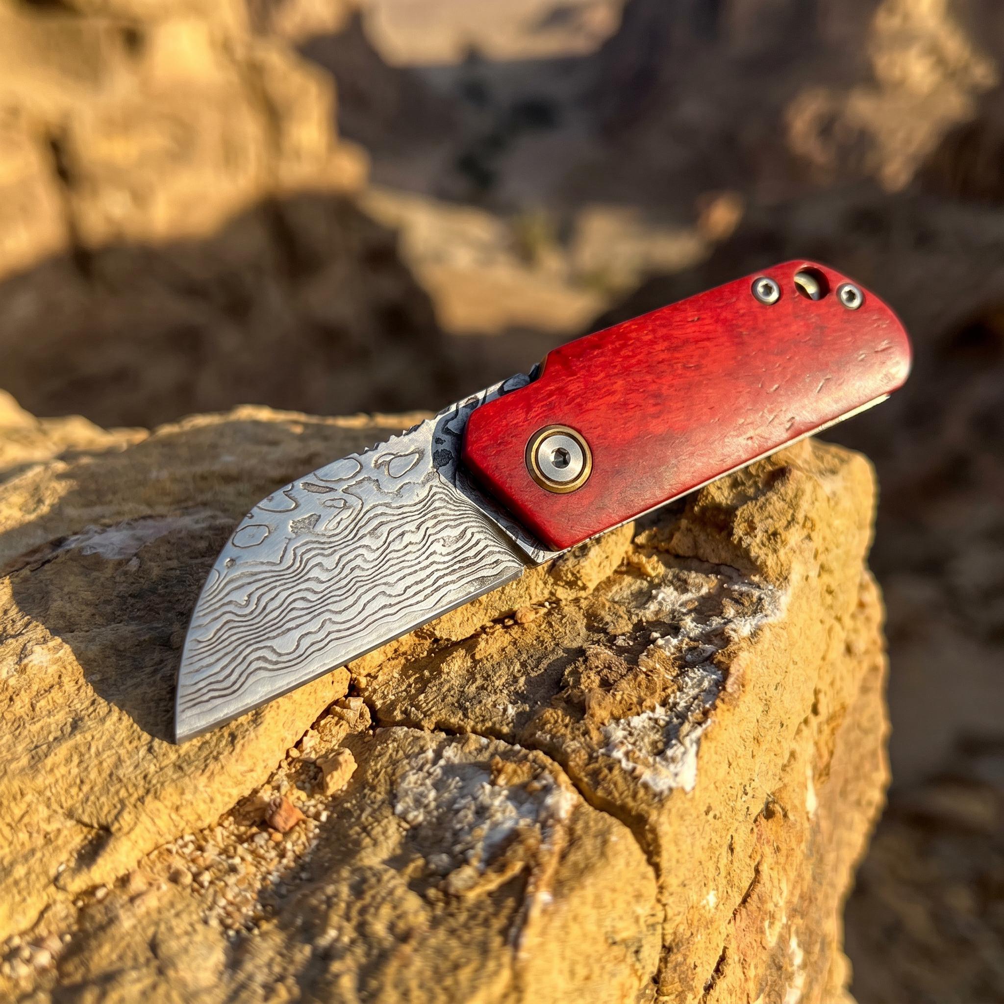 Mini Damascus folding knife, Portable knives, ultra-small and portable, handcrafted Damascus steel blade, dyed cow bone handle, with a hanging rope, practical tool for daily carry-on EDC, outdoor camping and hiking