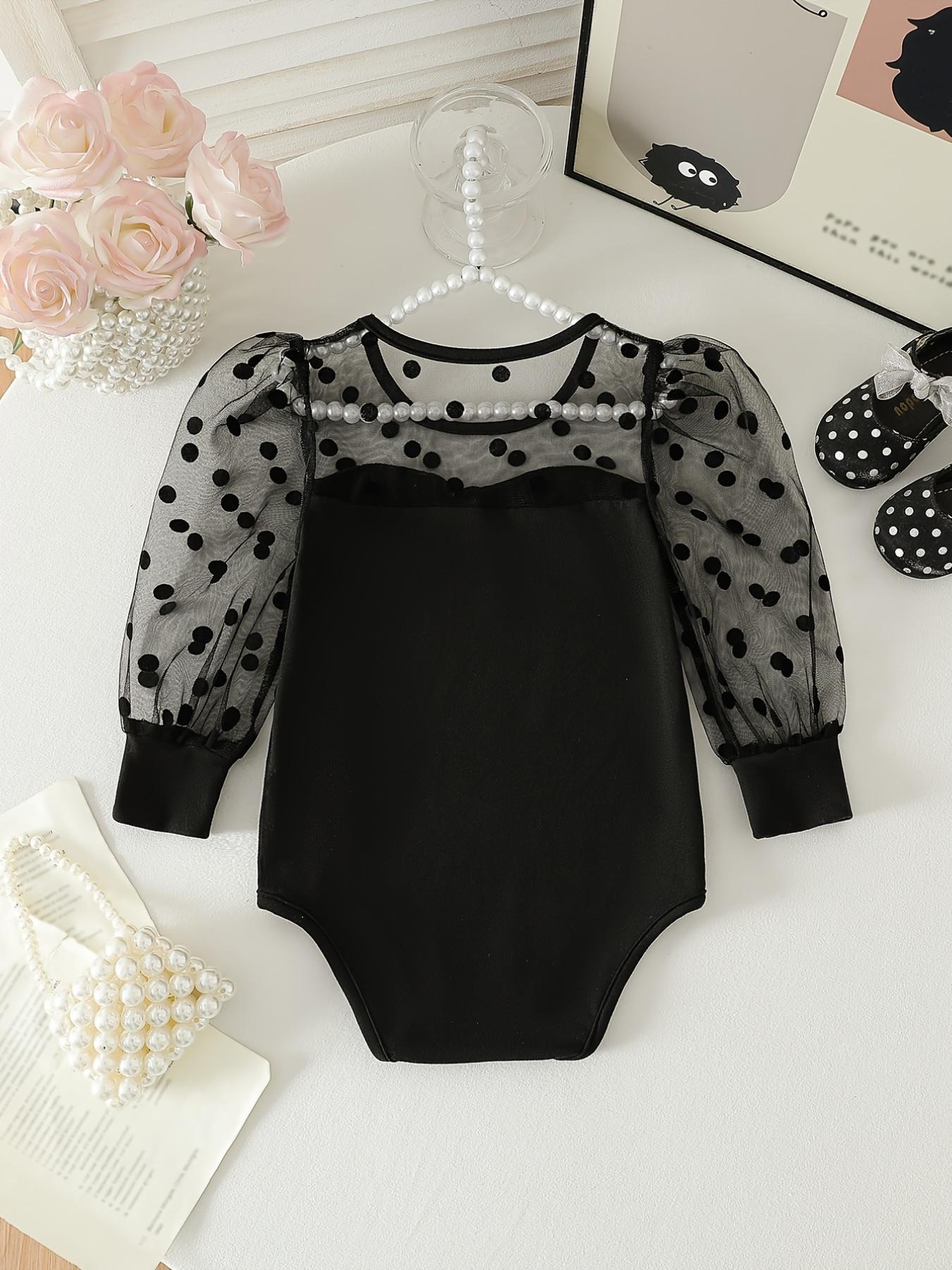 Girls' Spring Bodysuit, Retro Polka Dot Sweetheart Style, Long Sleeve Netting Bodysuit for Baby Girls, Polka Dot Netting Bubble Sleeves + Semi-Transparent Netting Round Neck, Perfect Birthday Gift for Baby Girls, Suitable for Daily Home Wear and Travel