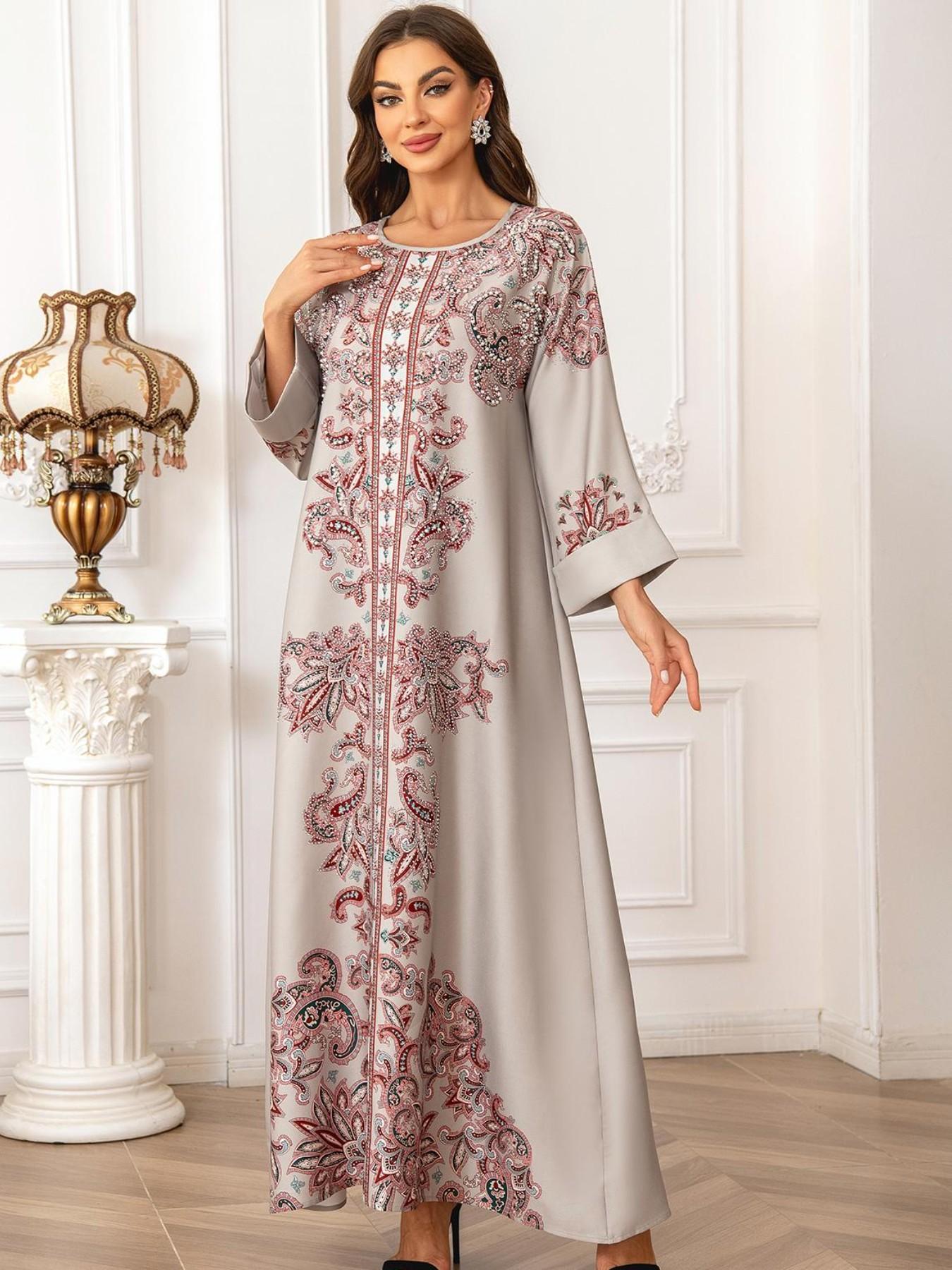Elegant Muslim Women's Kaftan Dress, Round Neck High Density Rhinestone Beaded Print, Cross-Border Long Robe, Stylish Evening Wear