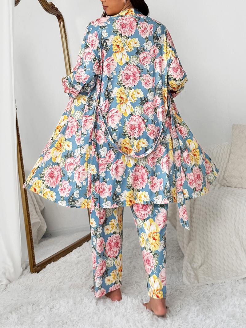 【Plus Size】 Three-Piece Set Floral Print Belted Lounge Robe & Cami Top & Elastic Waist Pants Pyjama Set, Drop Shoulder Long Sleeve Robe & Sleeveless Top & Bow Decor Trousers PJ Set, Women's Sleepwear for Fall, Nightwear Lounge Set, Matching Pj Set