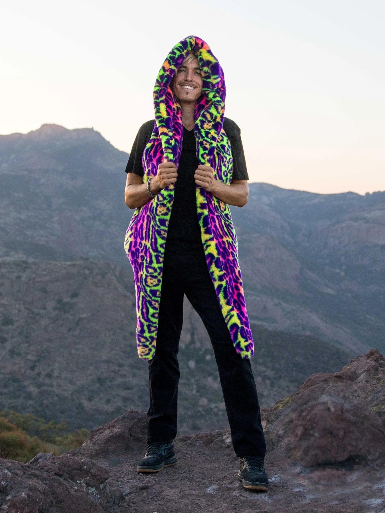 Men's Street Style Vest Short Neon Leopard Faux Fur Jacket, Hooded Windproof Warm Coat, Soft Polyester Interior, Spring & Fall Fashion