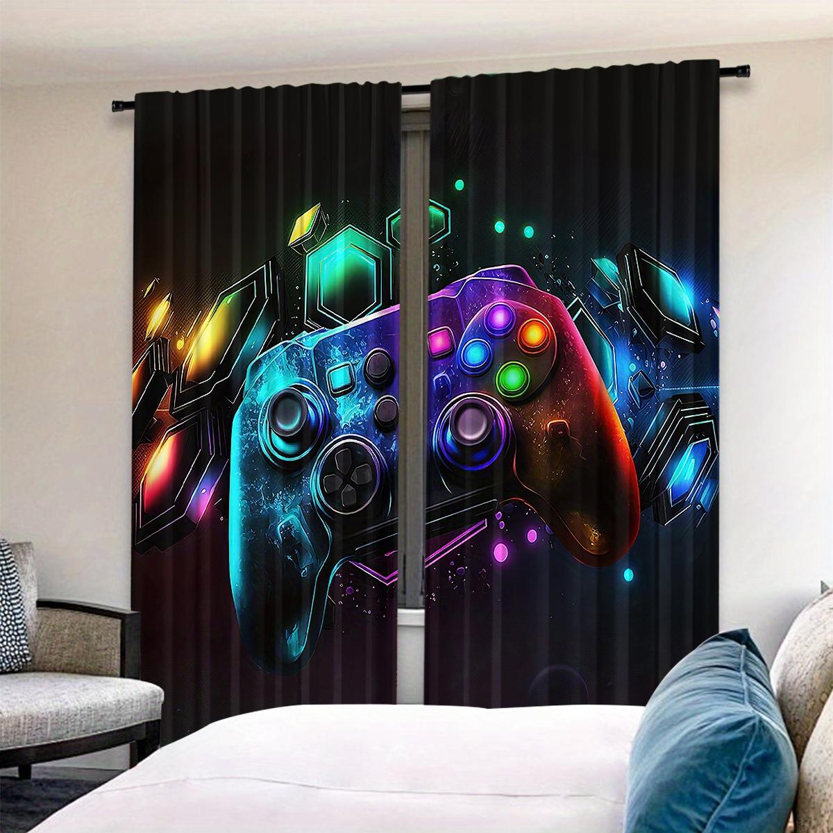 2 Piece Background Color Game Controller Print Curtains, Semi-Transparent Polyester Fiber, Rod Pocket Design